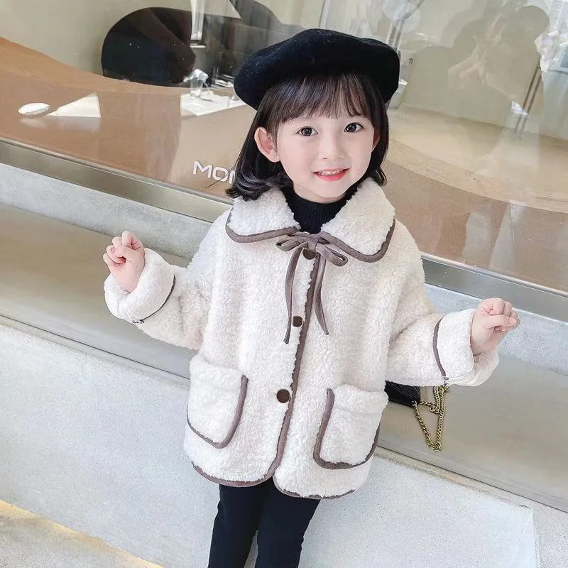 Jackets Girl Winter Loose Coat Lambhair Velvet Lapel Collar Children Clothing Lovely Thick Cotton Clothes Tide 2024