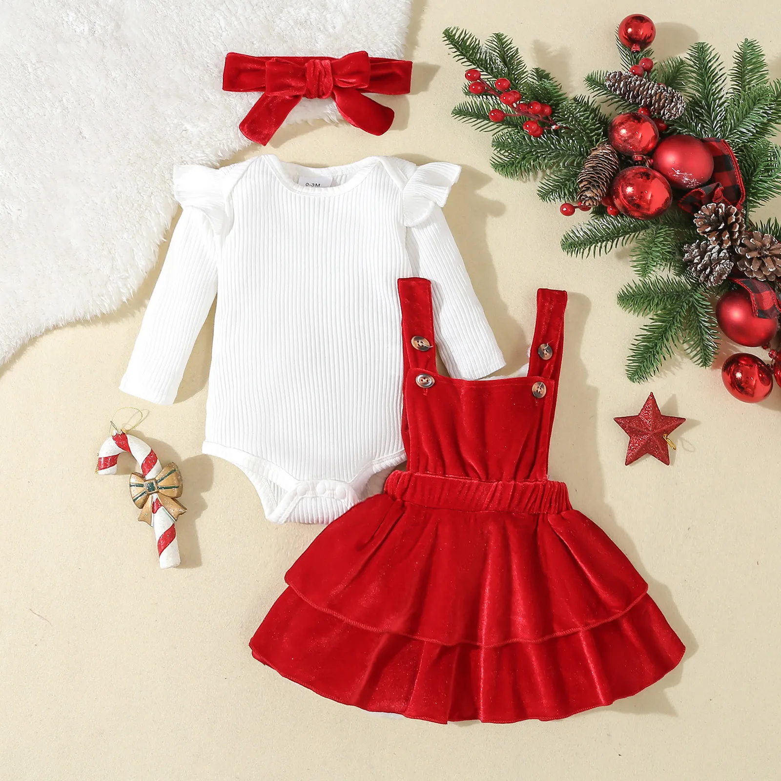 Infant Boys Girls Long Sleeve Christmas Color Scheme Long Sleeve Bodysuit Skirt Bow Headbands Little Girl Two Piece Outfits