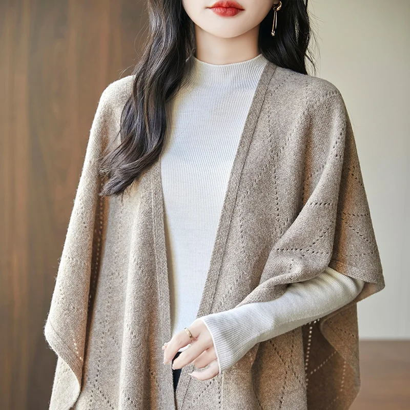 2024 autumn and winter new women\'s 100% merino wool cashmere sweater casual knitted solid color shawl fashion coat.