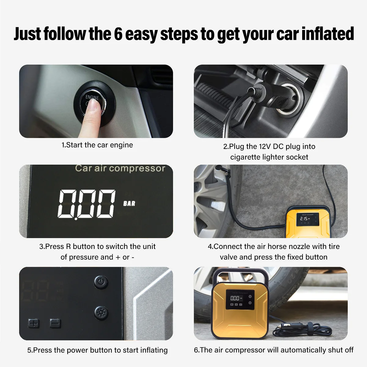 مضخة ضاغط الهواء المحمولة منفاخ الإطارات التلقائي الرقمي الكهربائي مع 3 فوهات مع مضخة نفخ سريعة للإضاءة في حالات الطوارئ