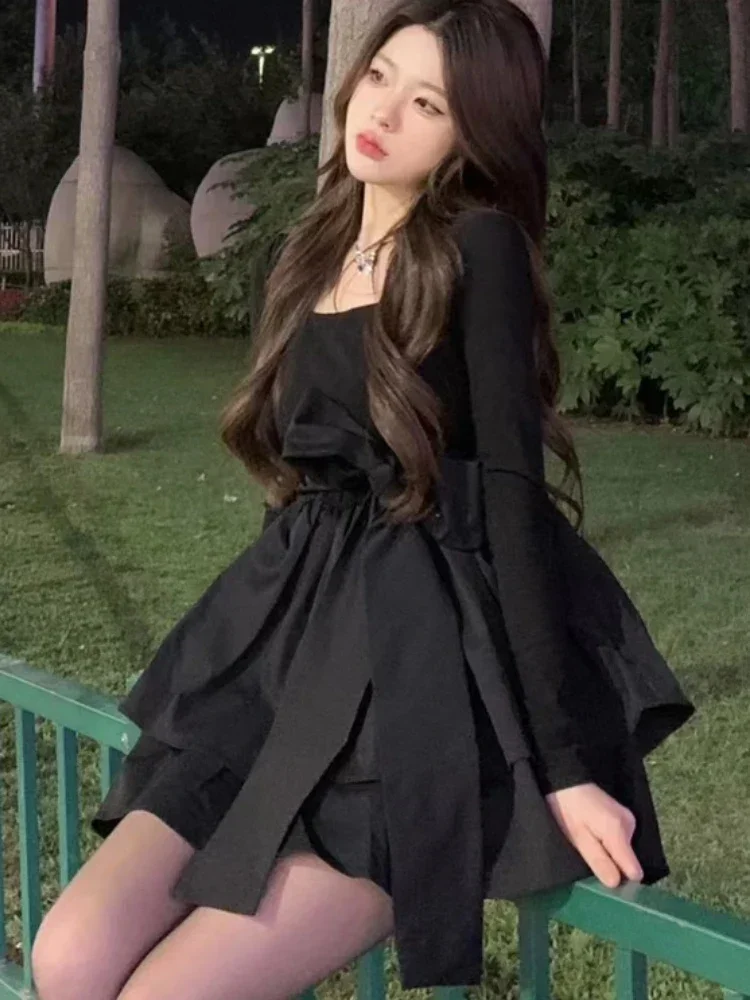 Mini vestidos femininos design em camadas hotsweet estilo coreano streetwear moda gola quadrada primavera elegante temperamento a linha ins feminino