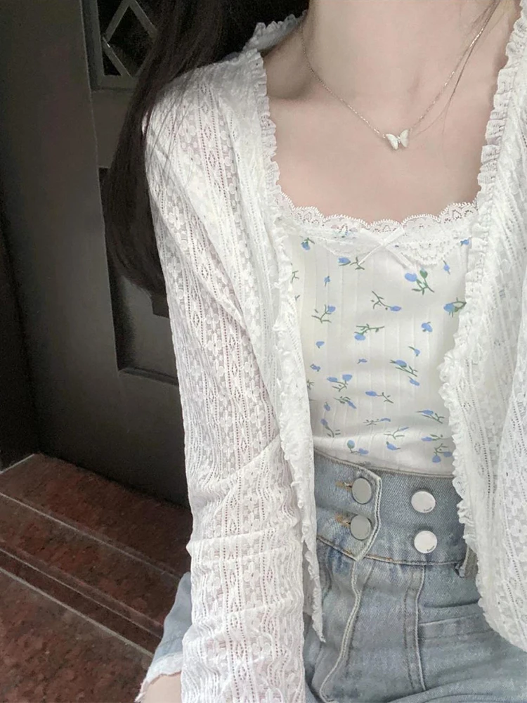 

Summer Thin Cardigan Hollow Out Lace Cardigan Woman Single-breasted Long Sleeve Tops 2025 Korean Style Clothing