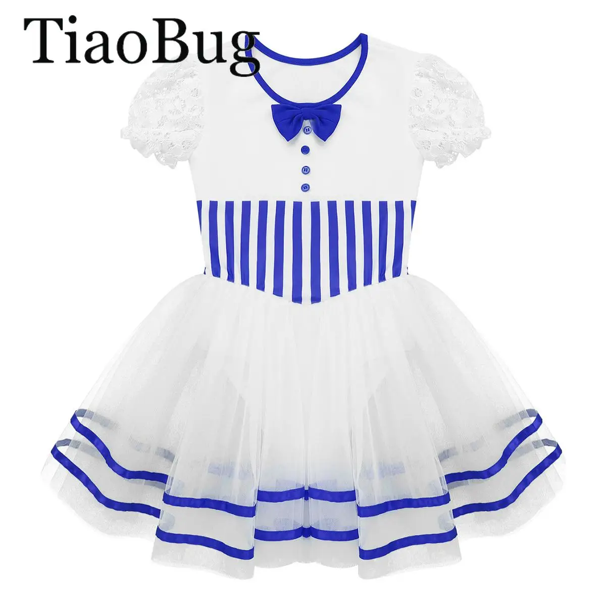 

Girls Christmas Ballet Dance Tutu Dress Lace Puff Sleeves Stripe Print Bow Mesh Candy Can Leotard Dress Skating Dancewear