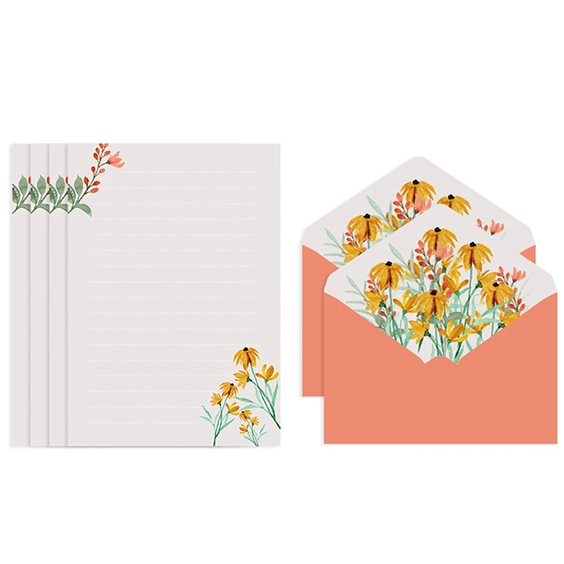 Flower Envelope Set with 4 Letter Papers Ideal for Wedding Party Invitation Card Romantic Handwritten Paper for Love Letter