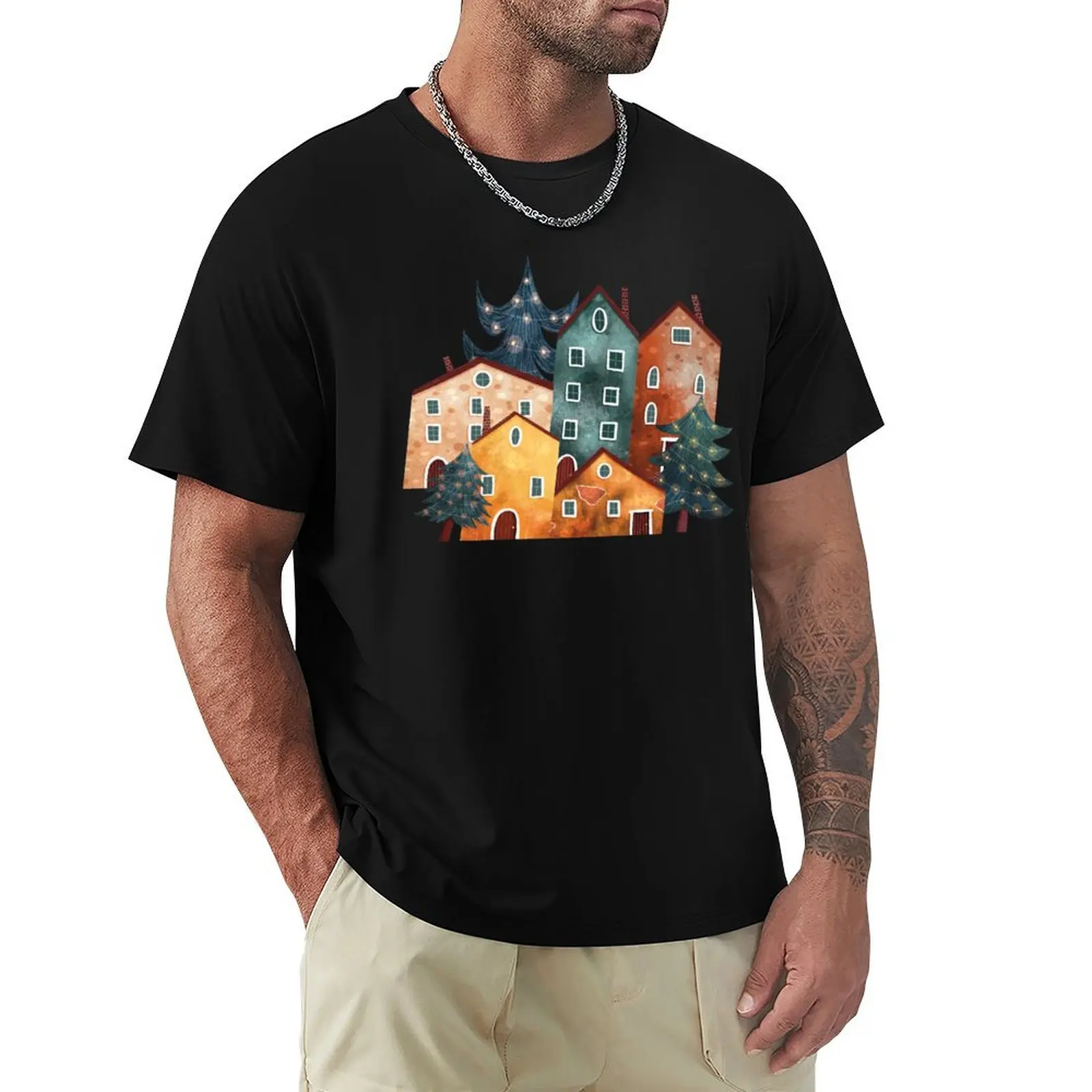 

Christmas Village Spot Illustration T-Shirt Creative Graphic Tee Shirt