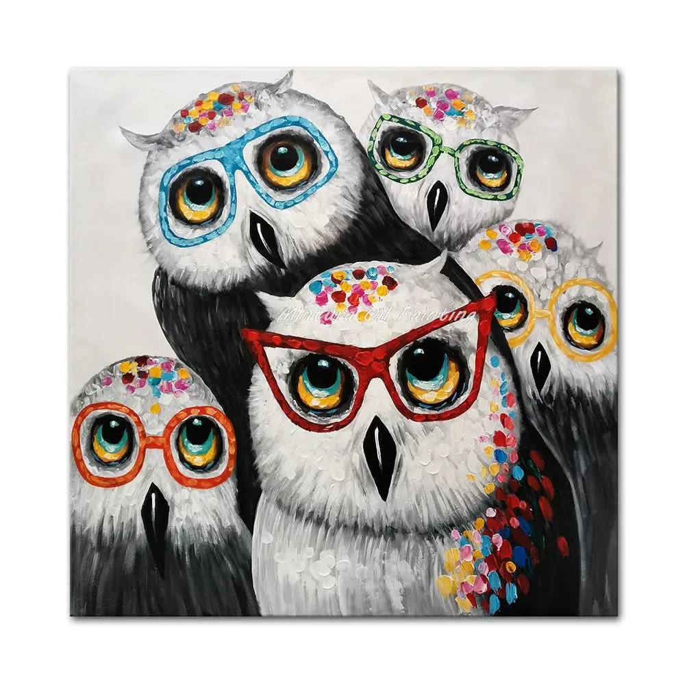 

Mintura Handpainted Modern Oil Paintings on Canvas,Wall Art,Picture for Living Room Many Lovely Owls Hotel Decor,Home Decoration