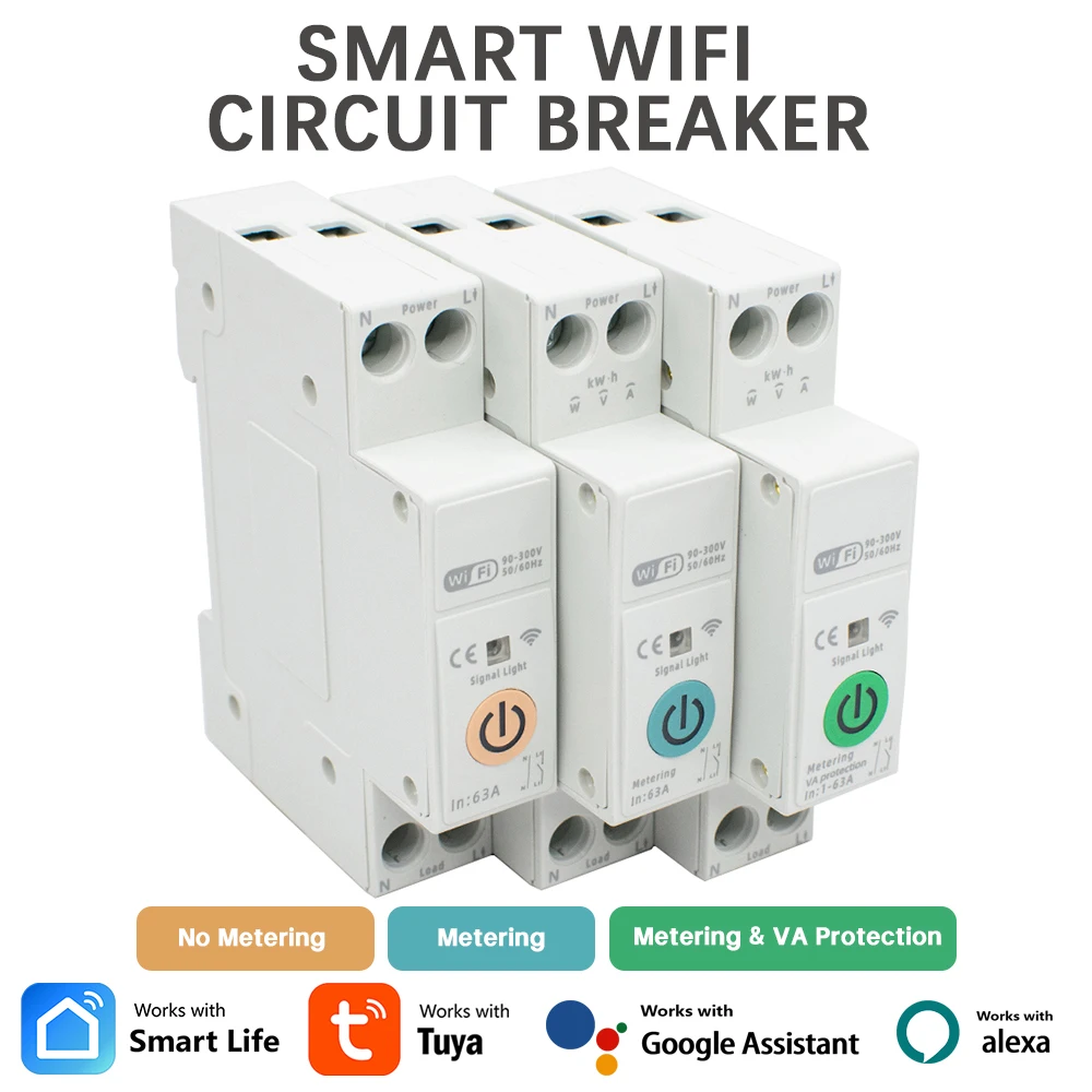 

Умный автоматический выключатель Tuya WIFI 1P 63A, измеритель мощности, счетчик энергии на DIN-рейку, защита от напряжения, переключатель управления Alexa Work