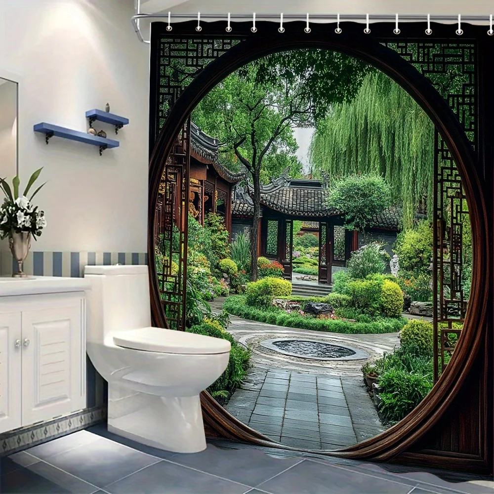 Discover Tranquility with this Waterproof Shower Curtain Featuring a Traditional Chinese Garden for Peaceful Moments