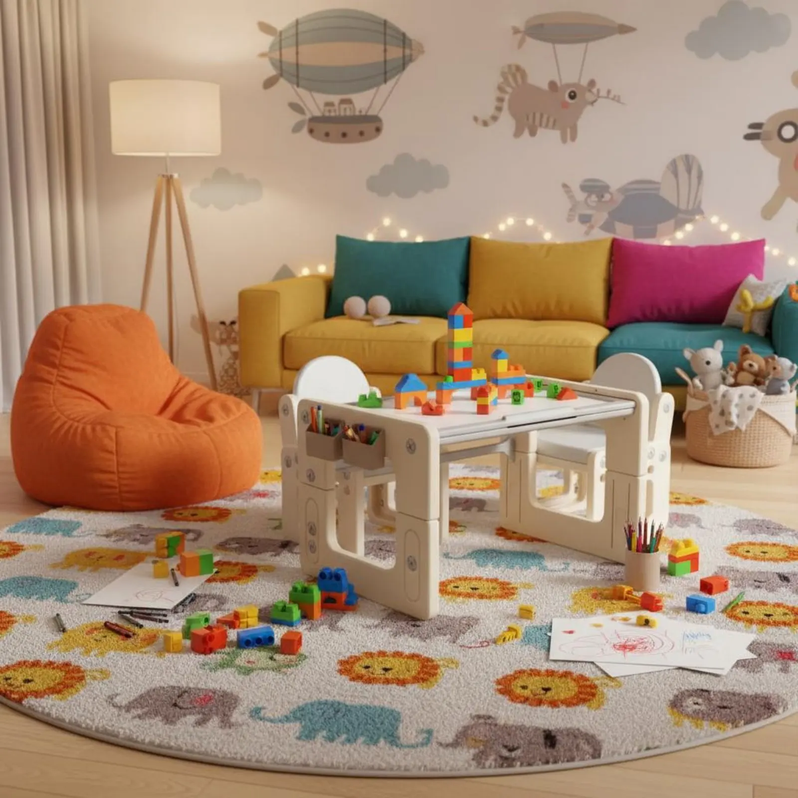 Kids Construction Toy Table Rounded Corners Adjustable Construction Toy Table Childrens Drawing Writing Desk for Kindergarten