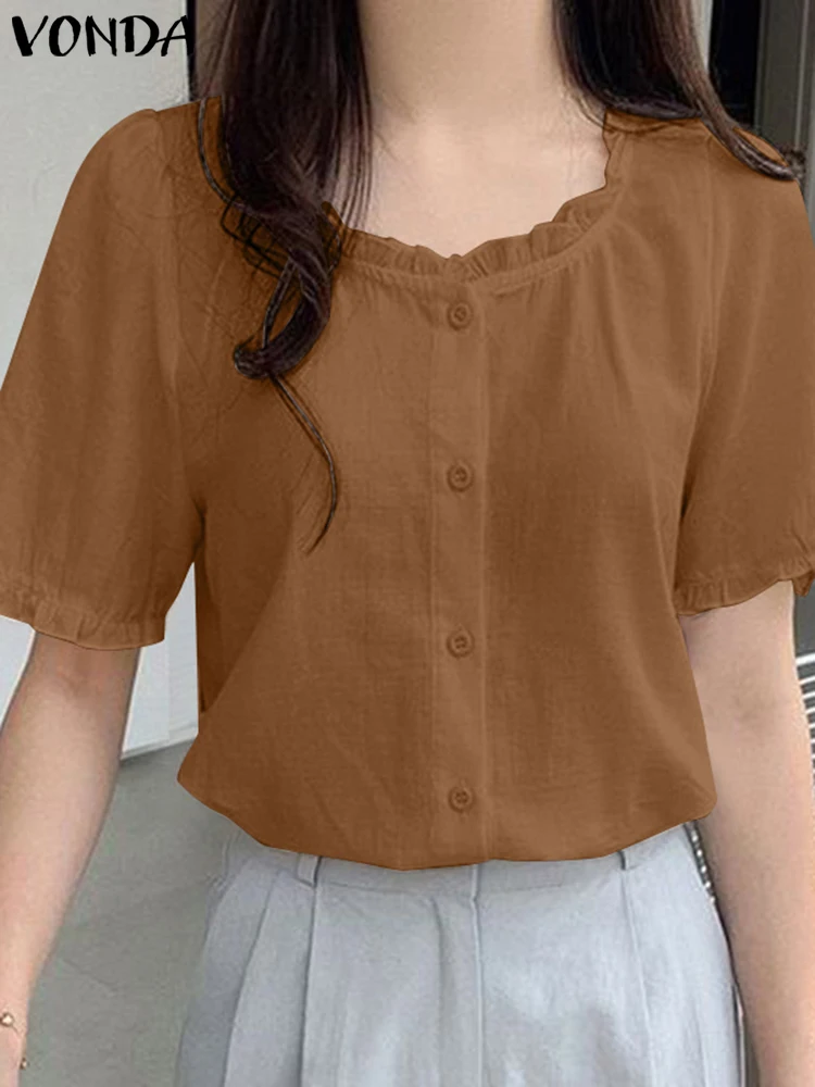 VONDA Elegant Summer Ruffled Blouse 2024 Women Solid Color Fashion Shirts Casual Loose Short Sleeve Tops Party Blusas Femininas