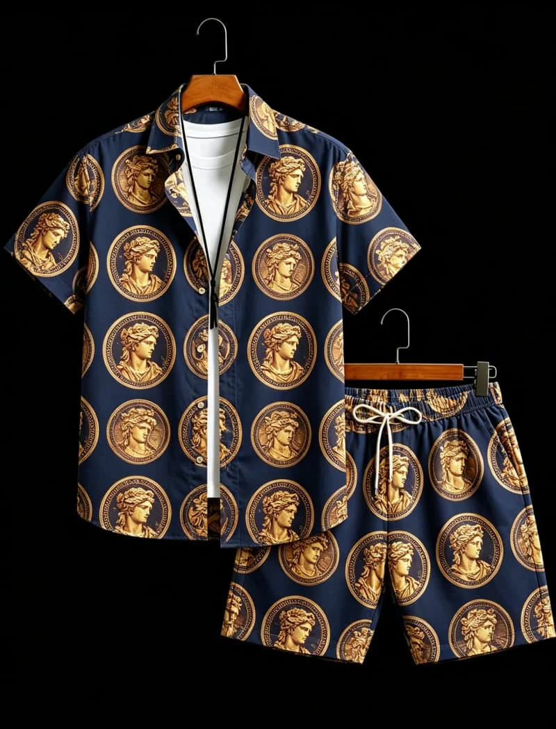 Herren-Set im Retro-Skulptur-Stil für den Urlaub, Kurzarmhemd und Shorts, geeignet für lässigen Urlaub und minimalistischen Kunststil.