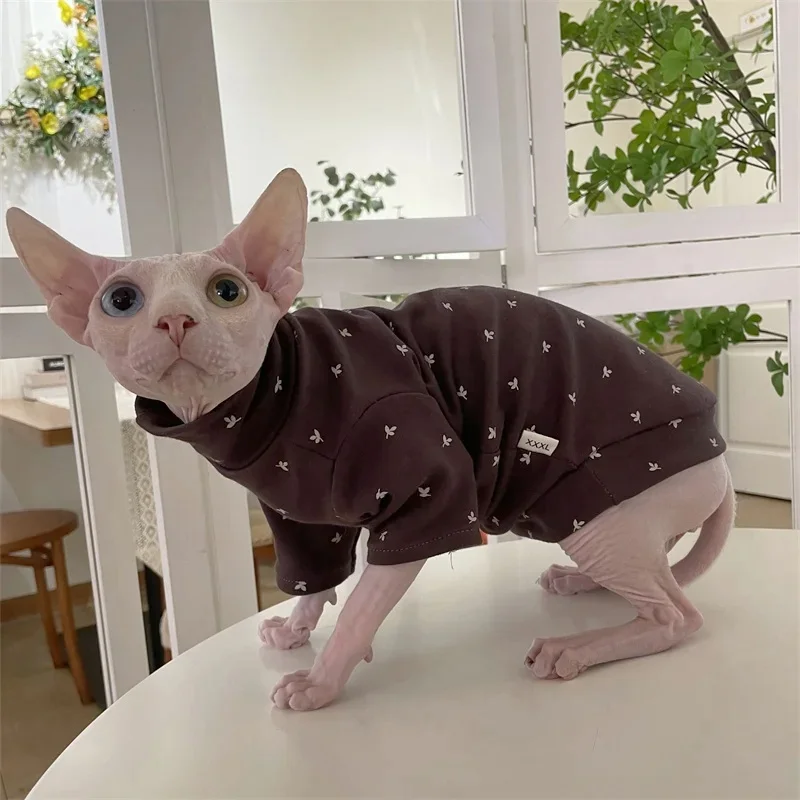 Cat Clothing for Winter Thick Cotton Floral Coat for Sphinx Spring Coffee Undershirt for Cats Soft Loungewear for Hairless Cat
