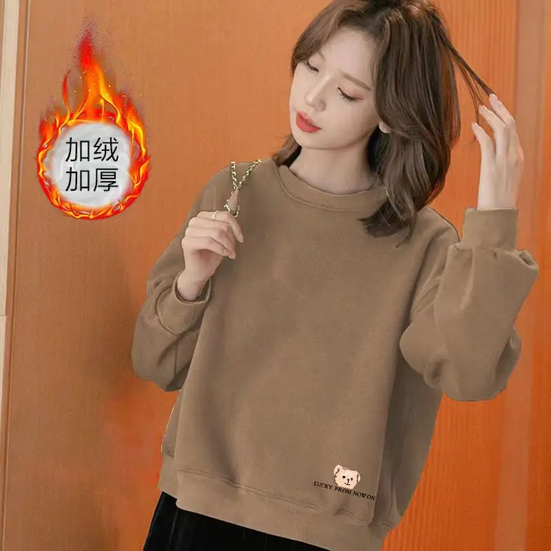 Korean Fashion Autumn Winter New Women's O-Neck Letter Printing Plus Velvet Thicken Long Sleeve Loose Pullovers Sweatshirts Tops