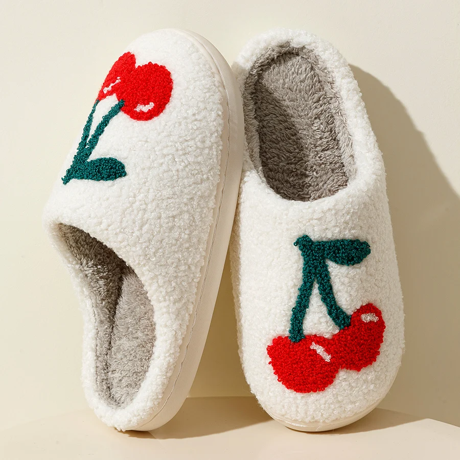 Super Cute Cherries Plush House Slippers for Women, Comfy Home Shoes, Flat Slip-on Slides, Platforms, Winter Slippers