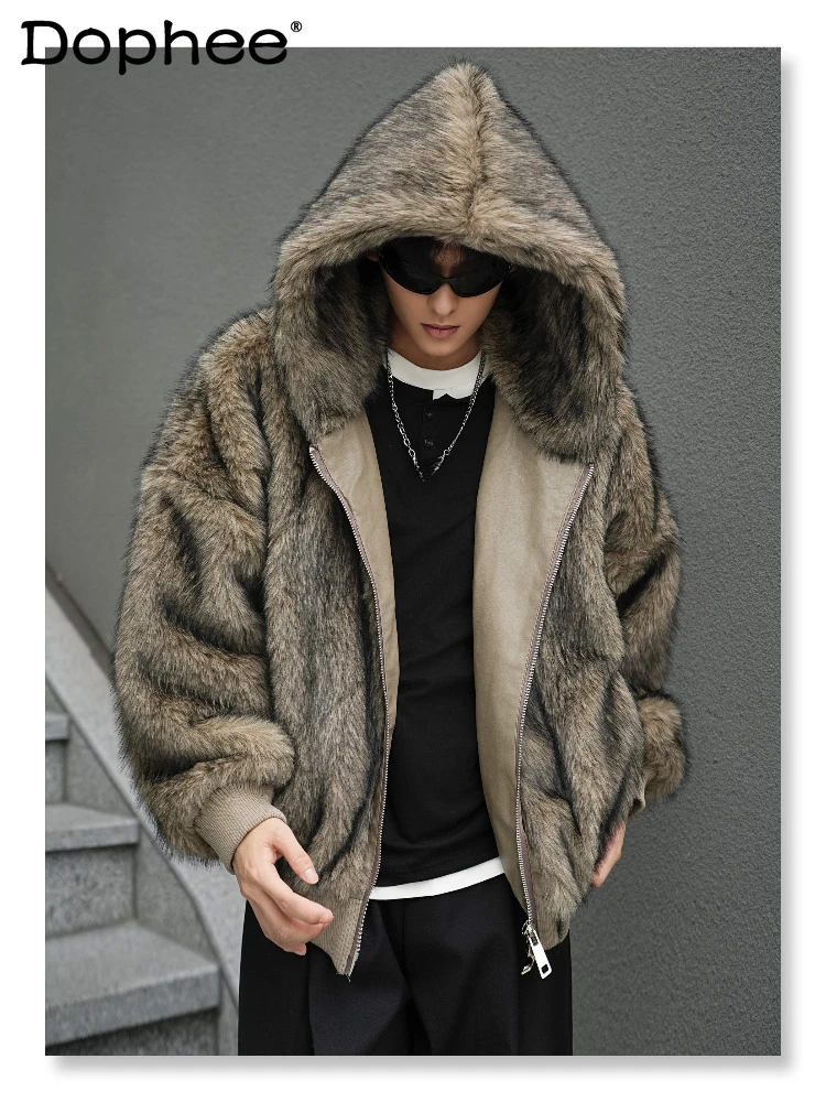 Men's 2024 Winter New Retro Fashion Faux Fur Coat Male Solid Color Long-sleeve Imitation Fur Hooded Cotton-padded High-end Coats