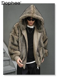 Men's 2024 Winter New Retro Fashion Faux Fur Coat Male Solid Color Long-sleeve Imitation Fur Hooded Cotton-padded High-end Coats