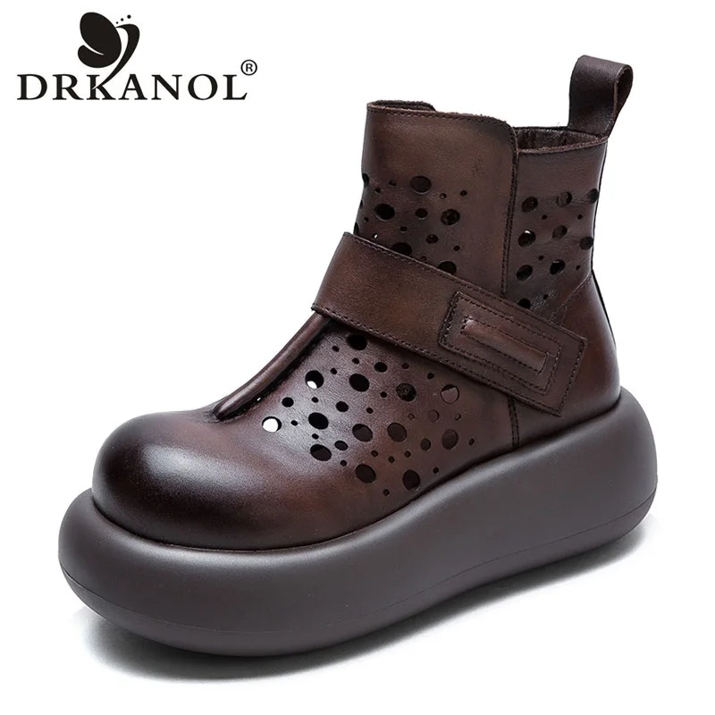DRKANOL 2026 Women Summer Hollow Breathable Ankle Boots Wide Head Design Genuine Leather Zipper Thick Sole Platform Cool Boots