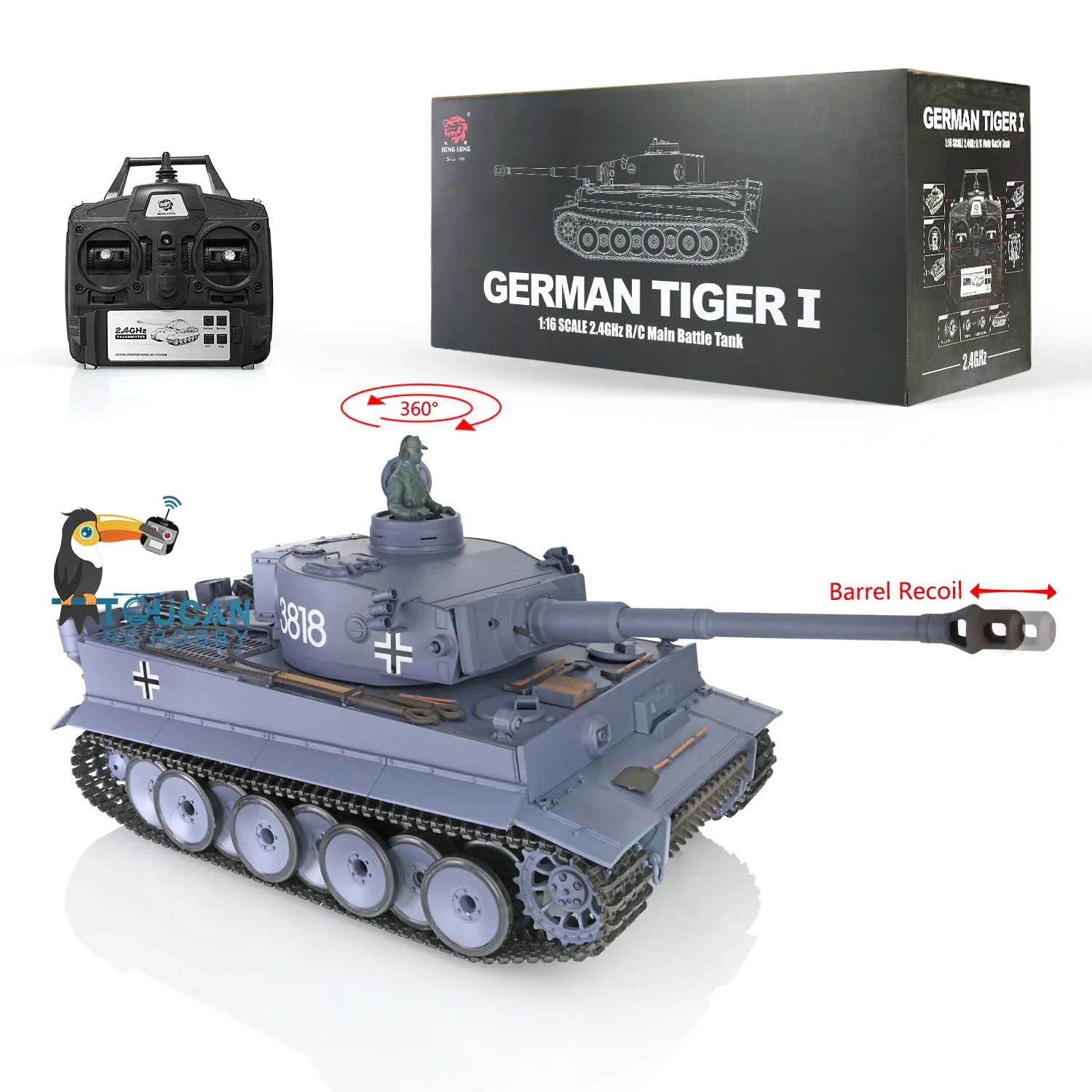 Heng Long 1/16 7.0 Plastic Tiger I Ready to Run RC Tank 3818 W/ 360° Turret Barrel Recoil RC Panzer TH17236