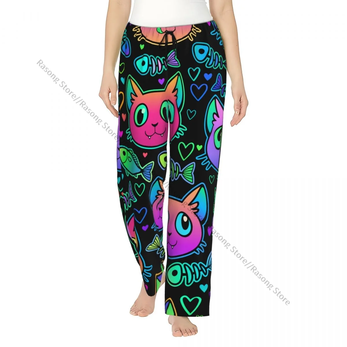 

Warm Women Pajama Pants Cute Bright Cat Heads And Fish Flannel Sleep Bottoms Soft Fleece Loungewear