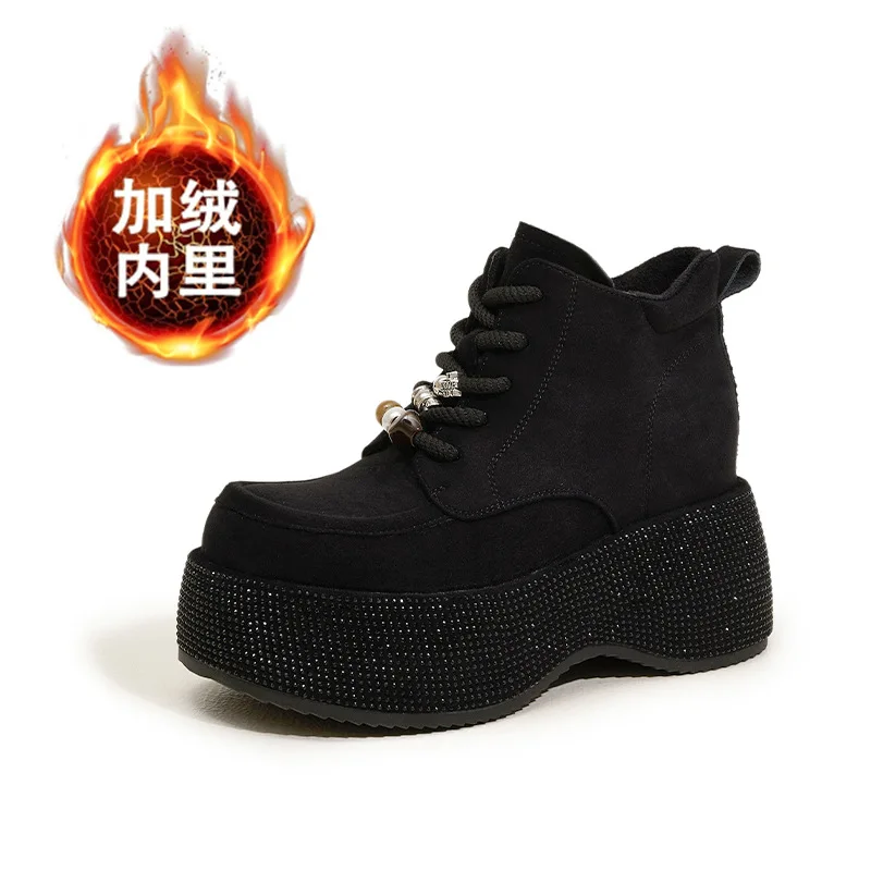 

9cm Bling Ankle Boots Microfiber Leather Ethnic Spring Fashion Ladies Platform Wedge Flats Autumn Winter Plush Women Shoes