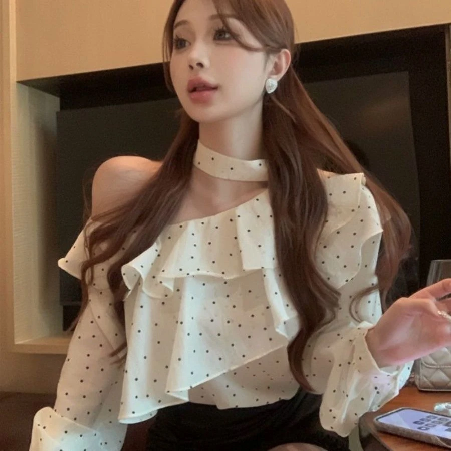 

Gentle Polka Dot Long Sleeve Women's Shirt Spring Autumn New Irregular Design Asymmetrical Shoulder Hanging Neck Top