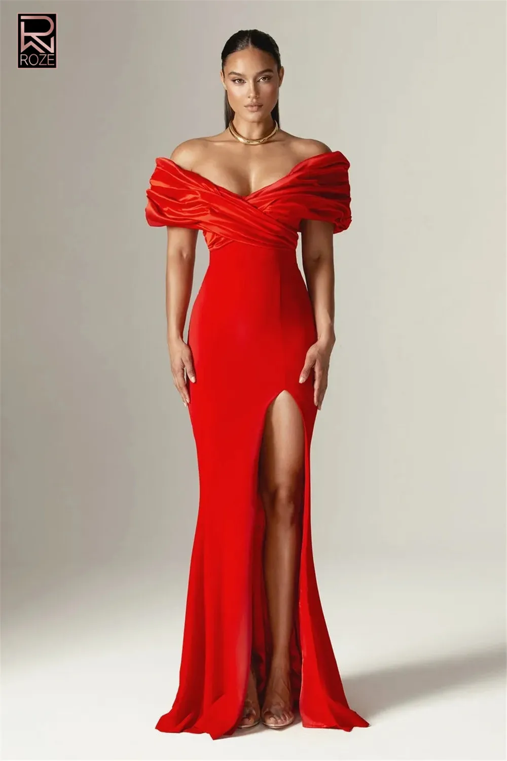 レディース高級レッドプロムガウン エレガントなオフショルダーVネックオープンレッグマキシロング ソフトで快適なワンピース セレブリティイブニングガウン