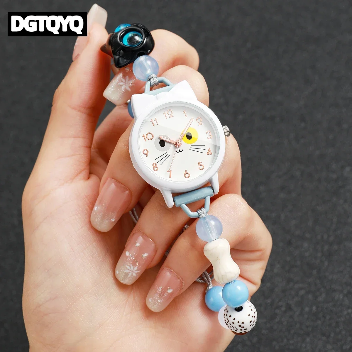 Cute Cartoon Cat Dial Women Quartz Watch Adjustable Beaded Bracelet Wristwatches Relogio Feminino Students Clock (Without Box)