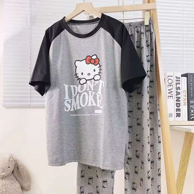 Autumn Women'S Hello Kitty Pajamas, Cute Cartoon Home Service, Comfortable Short-Sleeved T-Shirt Trousers, Two-Piece Pajamas