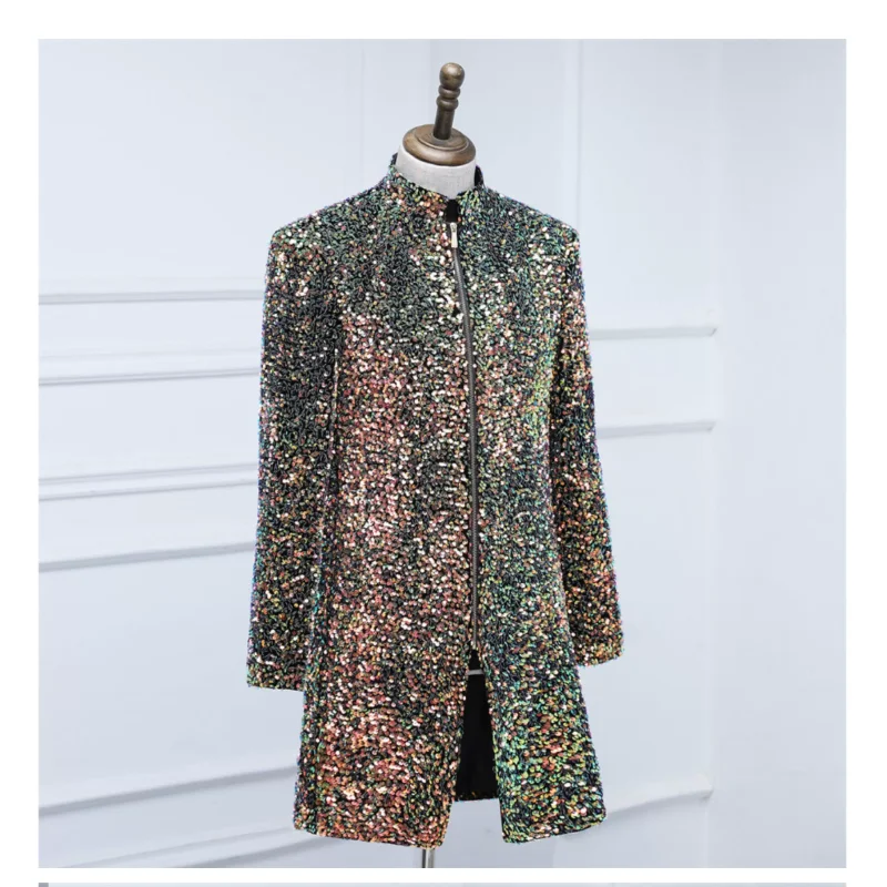 Men's Singer Colorful Sequin Runway Trench Coat Performance Jacket
