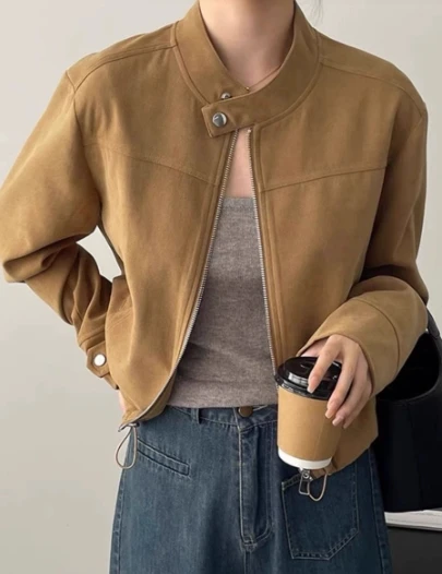

American Stand-up Collar Suede Jacket, New Women's Jacket, Motorcycle Jacket, Short Baseball Jacket