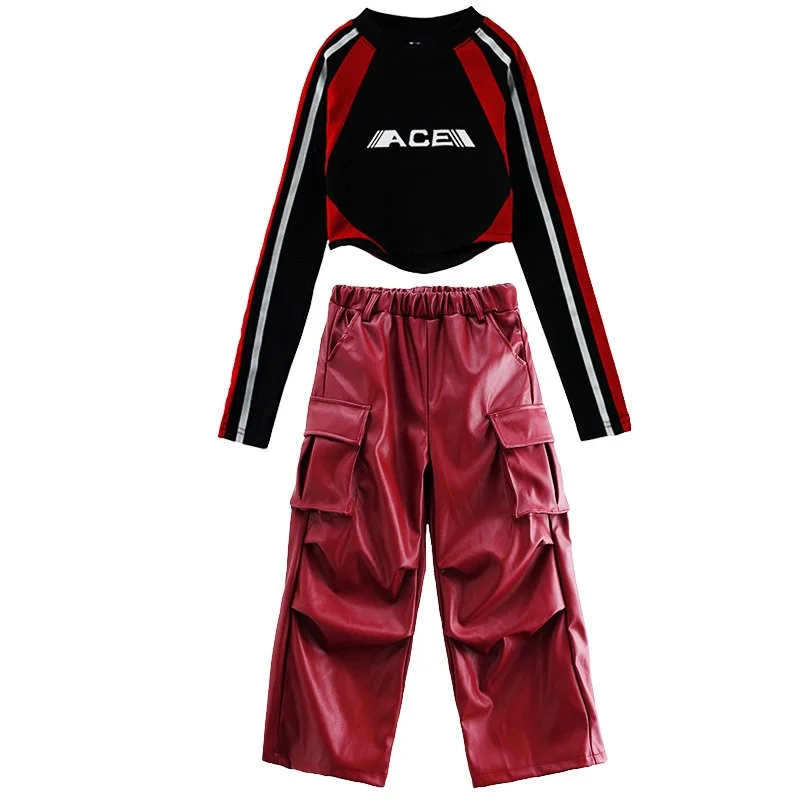 Jazz Dance Costume Black Umbilical T-shirt Wine Red Leather Pants Suit Children KPOP Dance Costume Hip-hop Stage Clothes