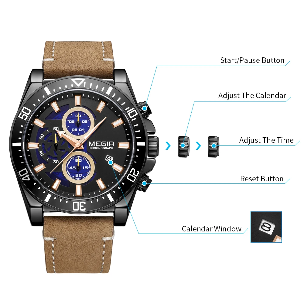 MEGIR Fashion Quartz Watches Men Luxury Sports Military Leather Strap Chronograph Big Dial Waterproof Luminous Date Wristwatch