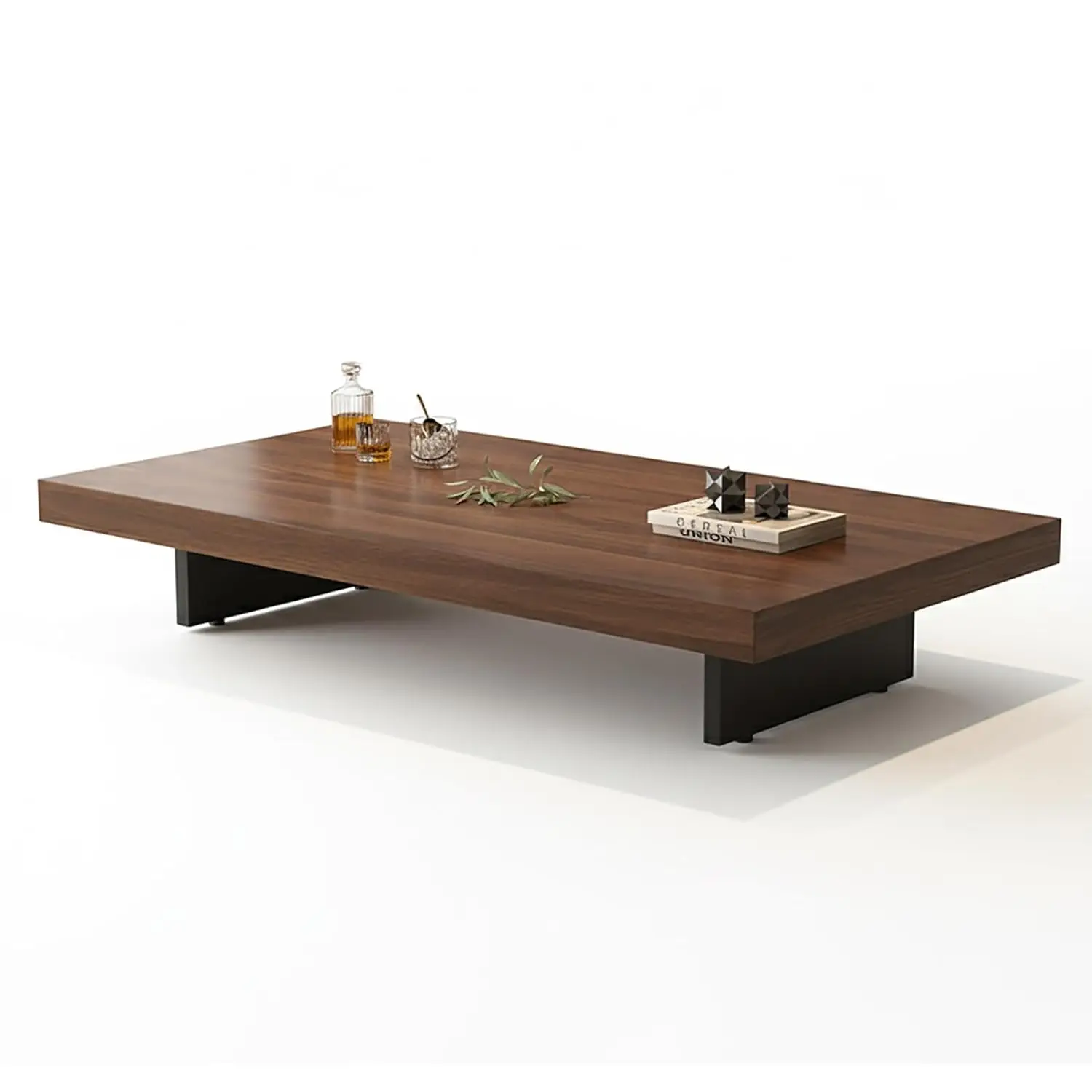 

Modern Rectangular Coffee Table for Living Room, Low Profile Wood Center Table with 2" Thick Tabletop & Optional Storage Tray, S