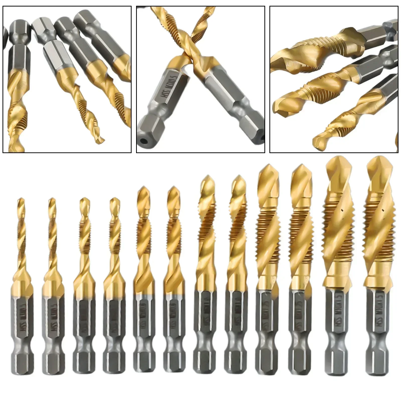 12pcs Tap-Drills Bit Set Hex Shank Titanium Plated HSS Screw Thread Bit Screw Machine-Compound Tap For Metal Steel Wood Plastic