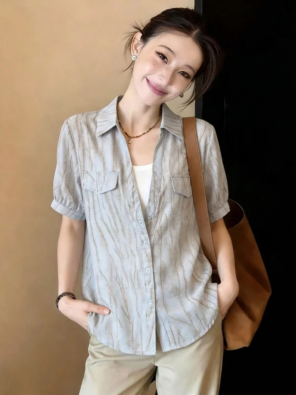 

Elegant V-Neck Short Sleeve Shirt Women's Fashion Korean Style plus Size Summer New Arrival Unique Top Commute Wind Loose Fit