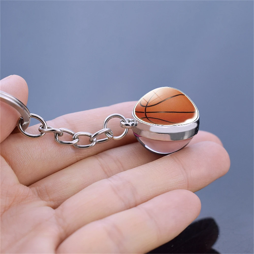 Fashion Basketball Keychain Double-Sided Glass Football Tennis Volleyball Rugby Keyring Sport Pendant for Men Key Holder Gift