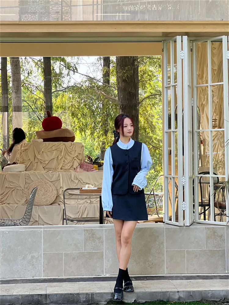 

Chic Korean Sle Women's Faion Set Ele Patchwork irt And Skirt Spring Collection ort Sve Ne Button Closure