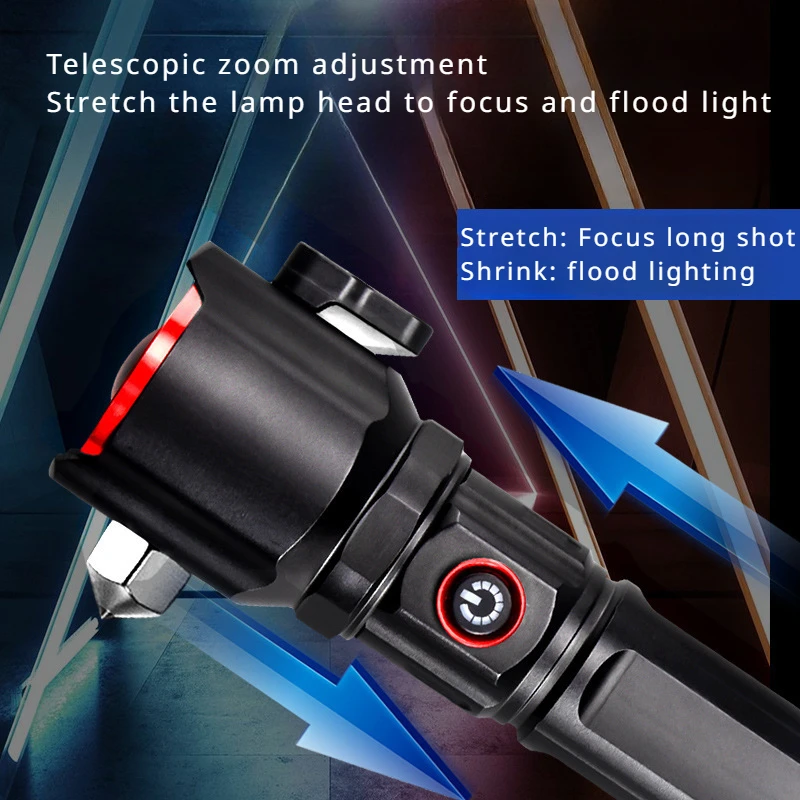 High-power multi-function safety hammer outdoor car emergency work flashlight, car broken window mobile phone charging torch