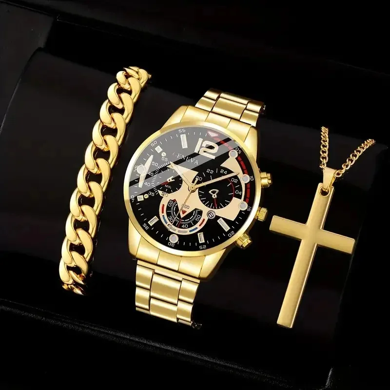 3PCS Classic business style alloy men\'s quartz watch with Cuban bracelet Cross necklace set Birthday gift wristband calendar