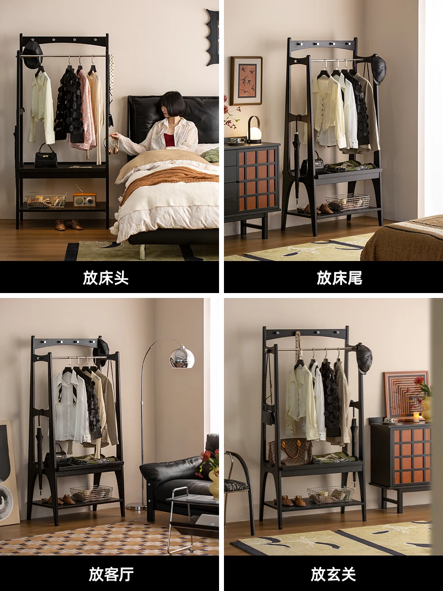 Retro Coat Rackไม้เนื้อแข็งขนาดเล็กApartmentแขวนชั้นเก็บบ้านห้องนอนโบราณเสื้อผ้าRack