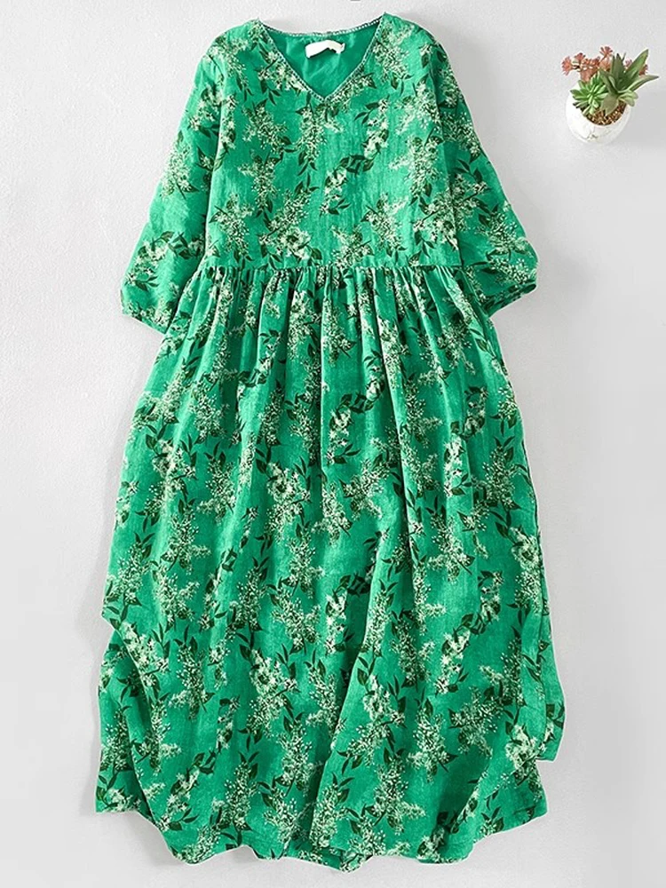 

Retro Green Floral Printed V-Neck Women Dresses 2025 New Summer Elegant Slim A-Line Sundress Female Large Swing Vestidos