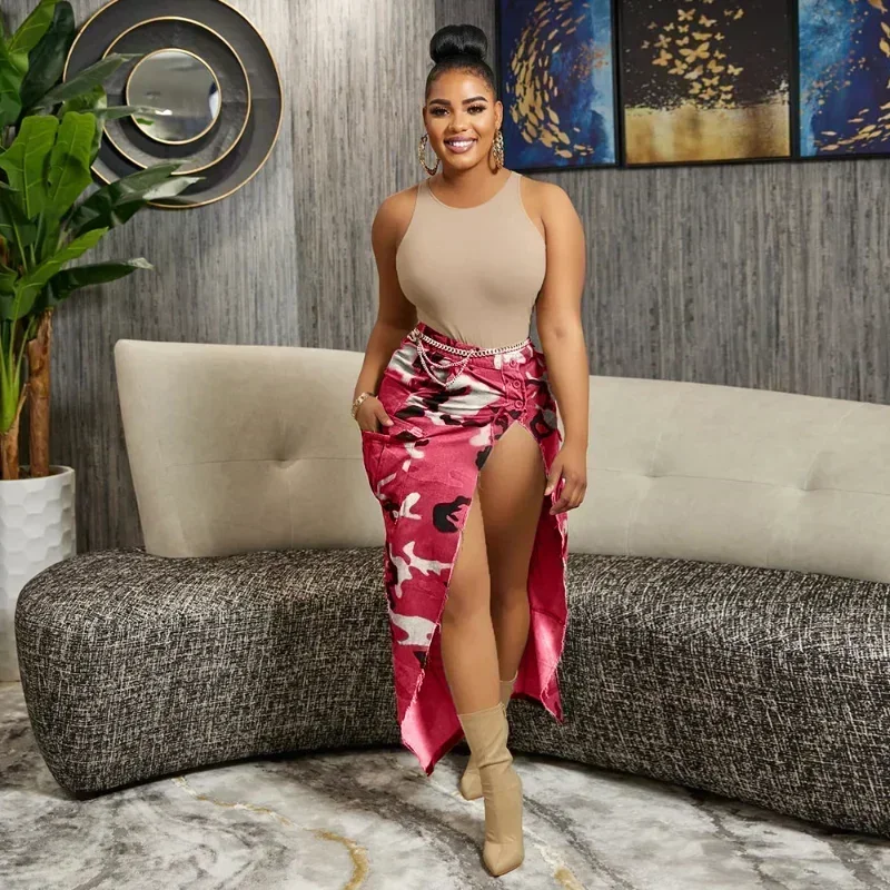 GUWU แฟชั่น Camouflage ปุ่มเอวสูงด้านข้าง Slim Maxi กระโปรงยาวผู้หญิง Streetwear หญิงคลาสสิก Cargo กระโปรง