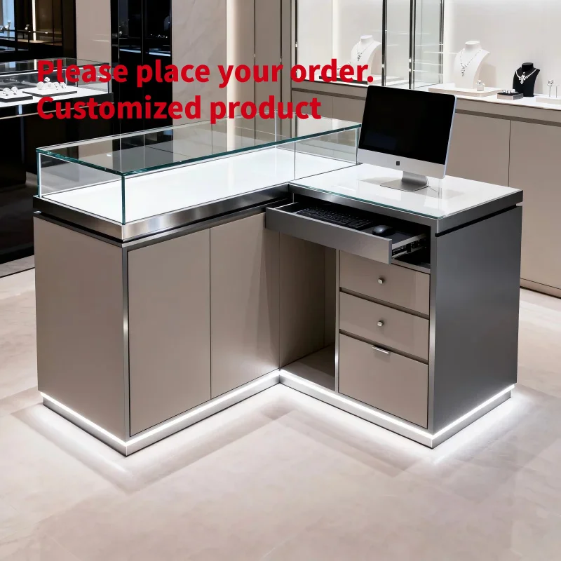 custom.Luxury Jewelry Cashier Counter Desk with Glass Display Matte Gun Gray Stainless Steel Reception Desk Retail Boutique