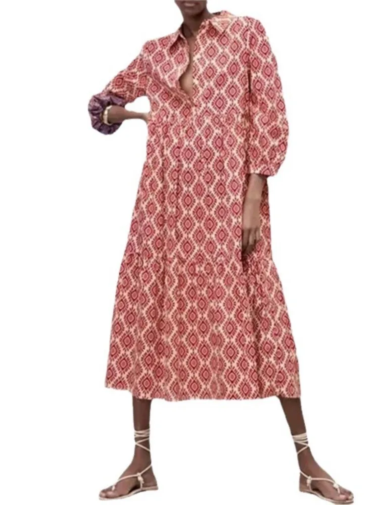 春夏の新作レディース長袖ラペルグリーン幾何学模様プリントシャツスタイルミッドレングスドレス