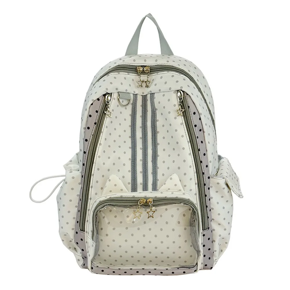 Cute Polka Dot Student Backpack Durable Lightweight Rucksack Multi‑pocket Transparent Pocket Backpack Teenagers