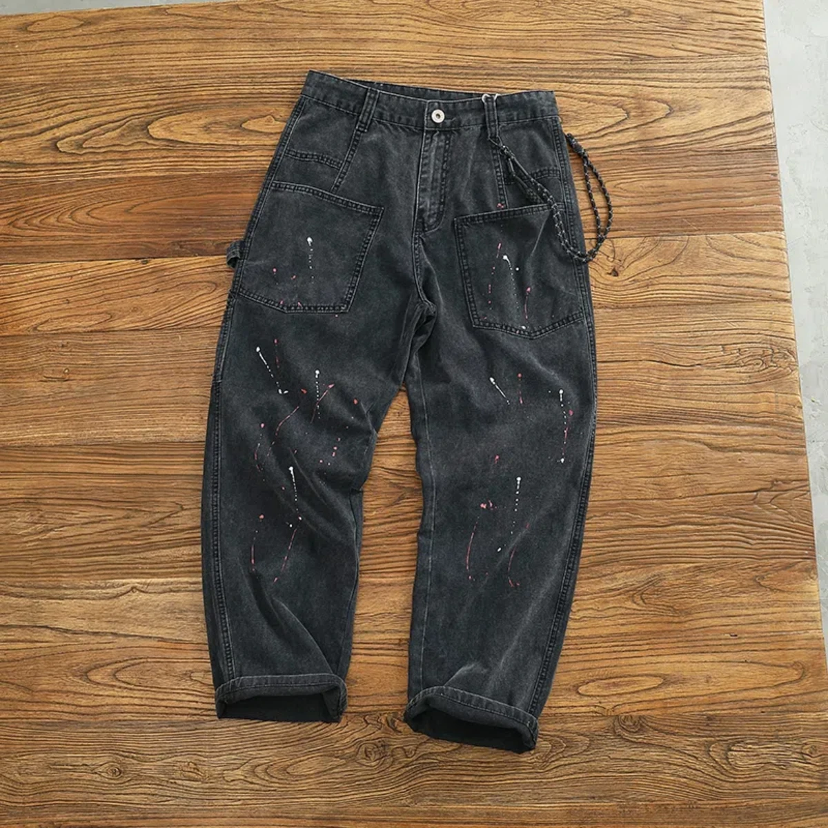 

Classic Retro Logging Overalls Men Wash To Do Old Personality Splash-ink Spray Paint To Do Old Loose Straight Leg Jeans Tide