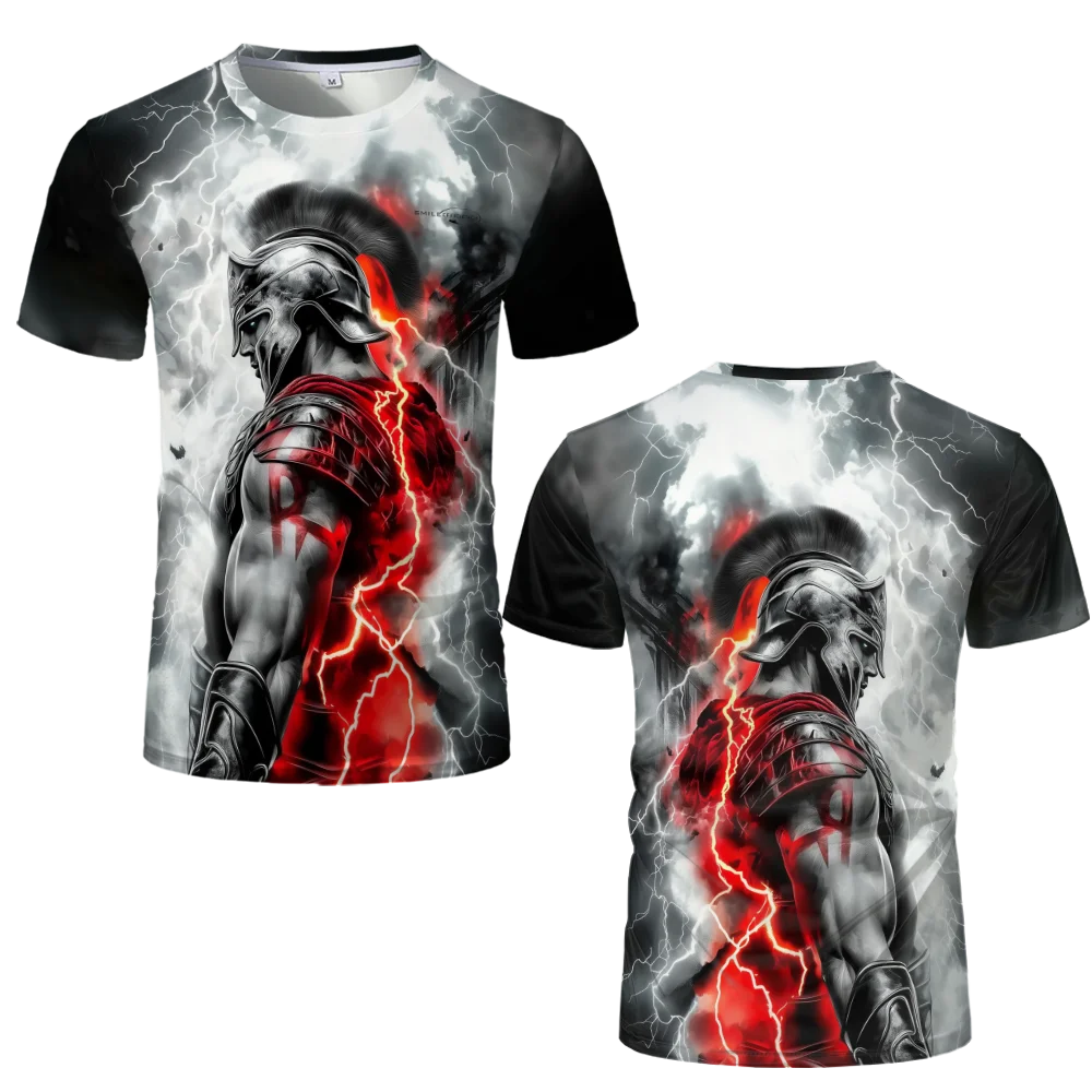 2024 New Tattoo Pattern Lightning Smoke Spartan Warrior T-Shirt Ancient Greek Helmet Print Tee Unisex Street Fashion Tops