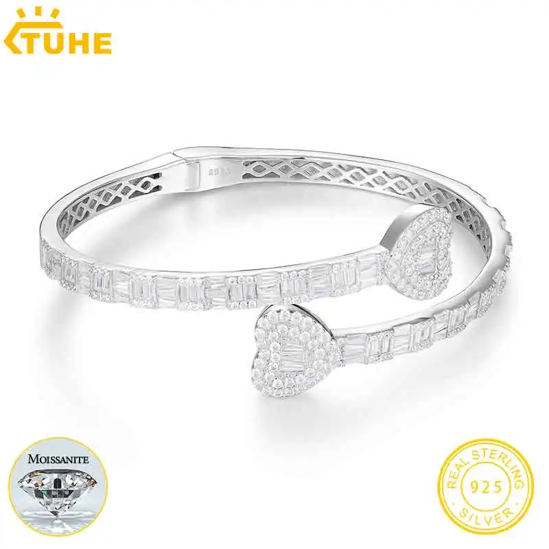 Simple Heart Luxury Cuff Bracelet Silver 925 Moissanite For Women Hip Hop Jewelry