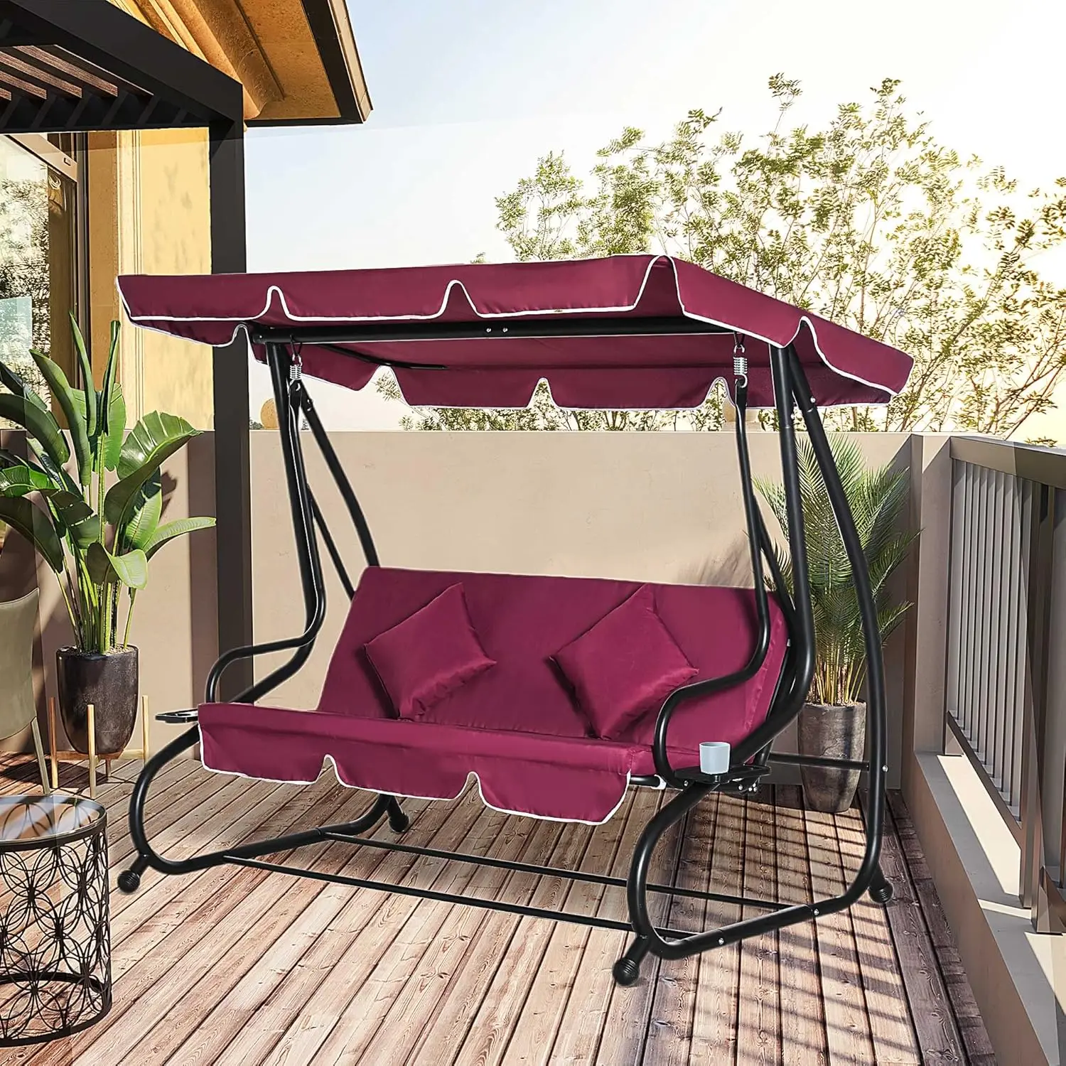 3 Seat Outdoor Patio Swing Chair Converting Flatbed Outdoor Swing Glider with Adjustable Canopy Removable Cushion and Pillows