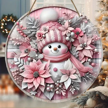 Charming pink snowman with wreath wooden tag-2D embossed effect for front door or wall hanging Christmas decoration